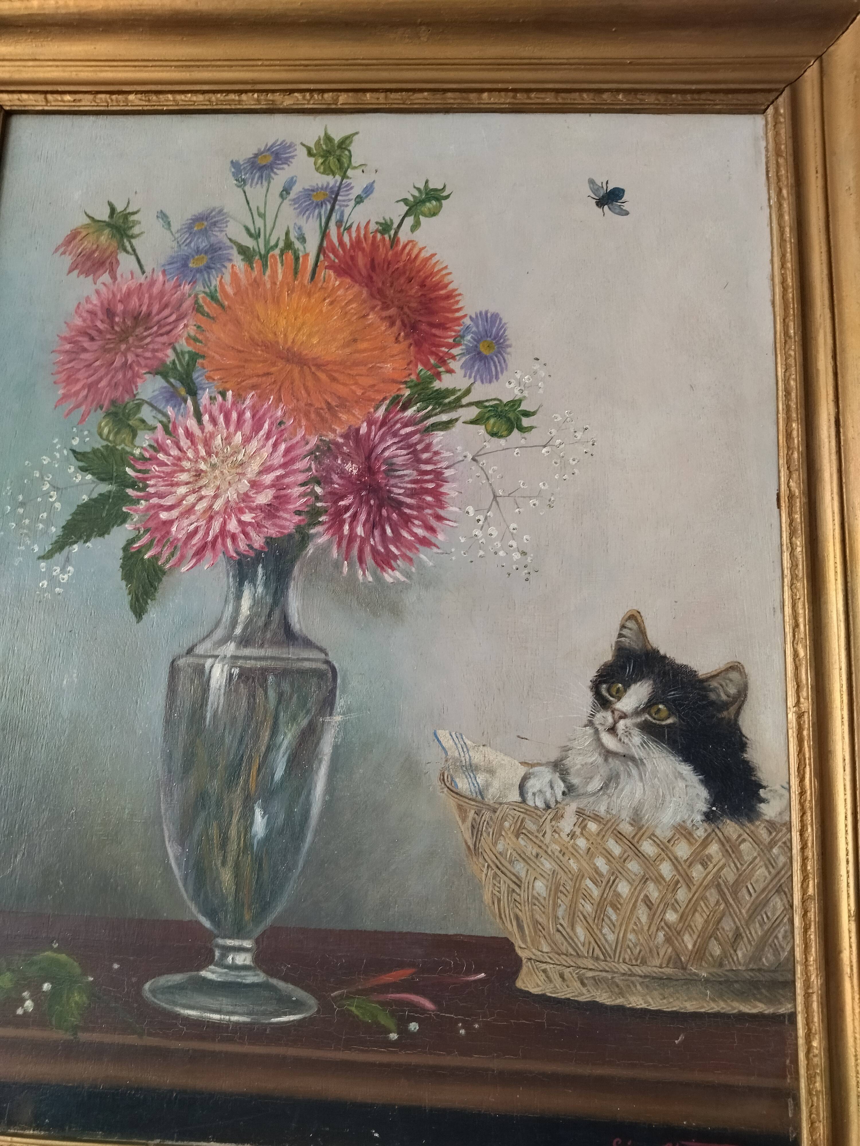 Old panel painting - Kitten and Flowers - Signed Léon Chevalier