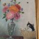 Old panel painting - Kitten and Flowers - Signed Léon Chevalier