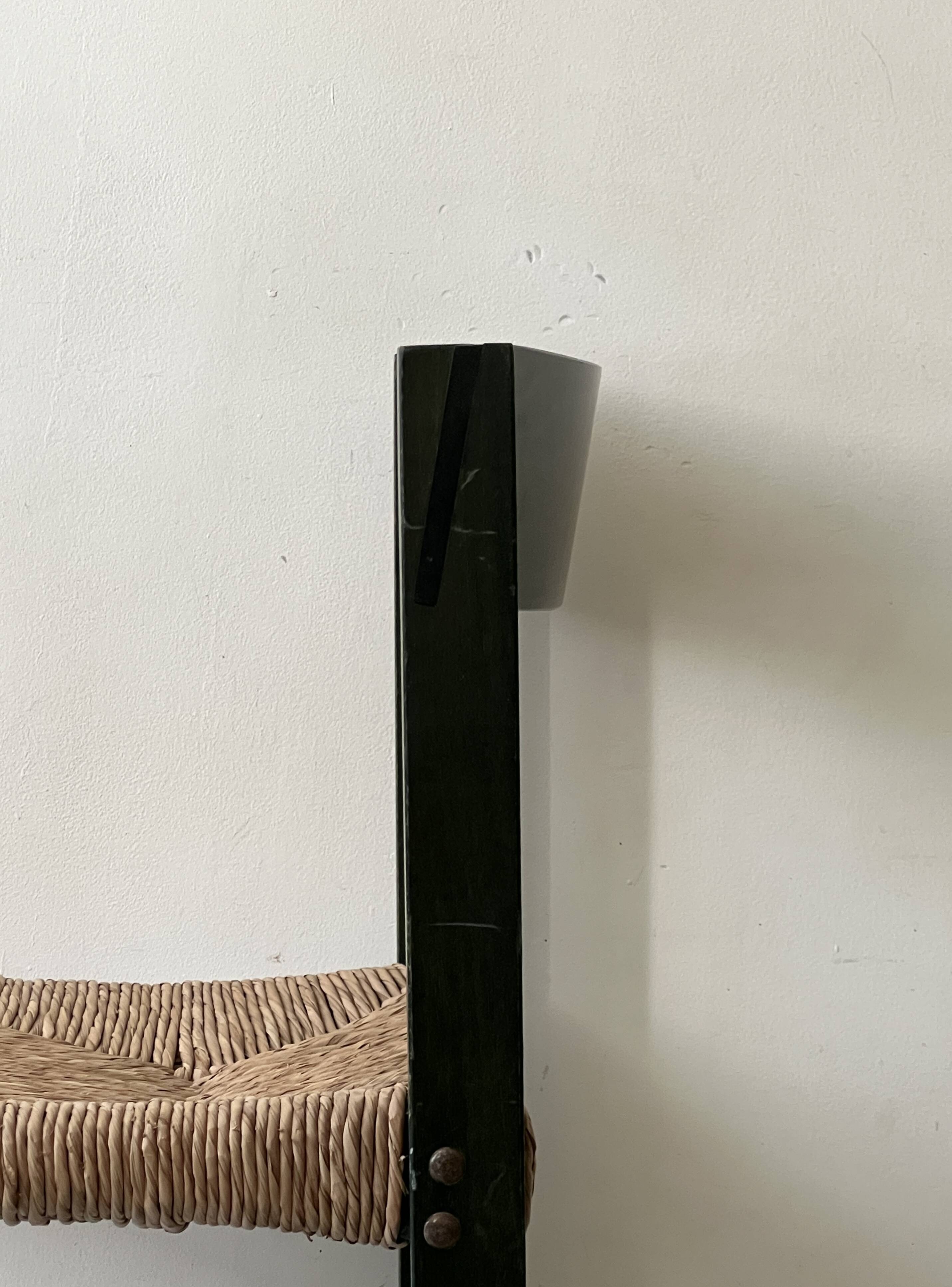 Bottle green patinated wooden straw chair, France 1950