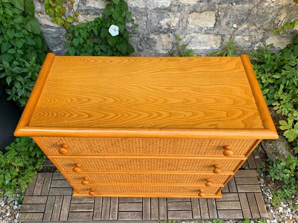 Commode et son chevet en rotin cannage et chêne vintage 1970