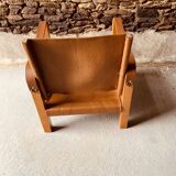 Safari armchair in wood and leather -1950's