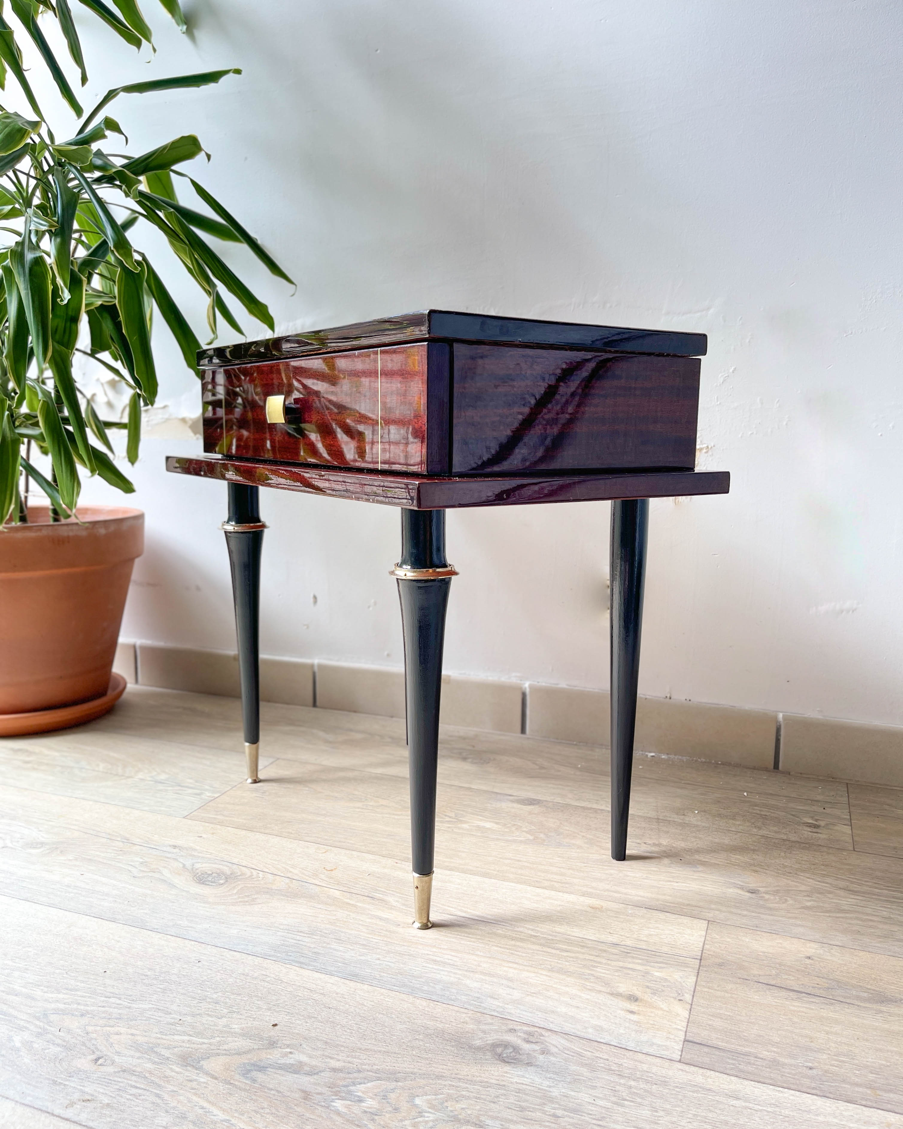 Vintage wood and brass bedside table Art Deco style