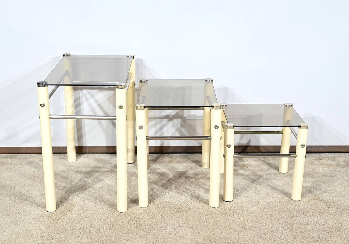 Tables Gigognes en Métal Beige, attribuées à Yves Boutboul – 1970