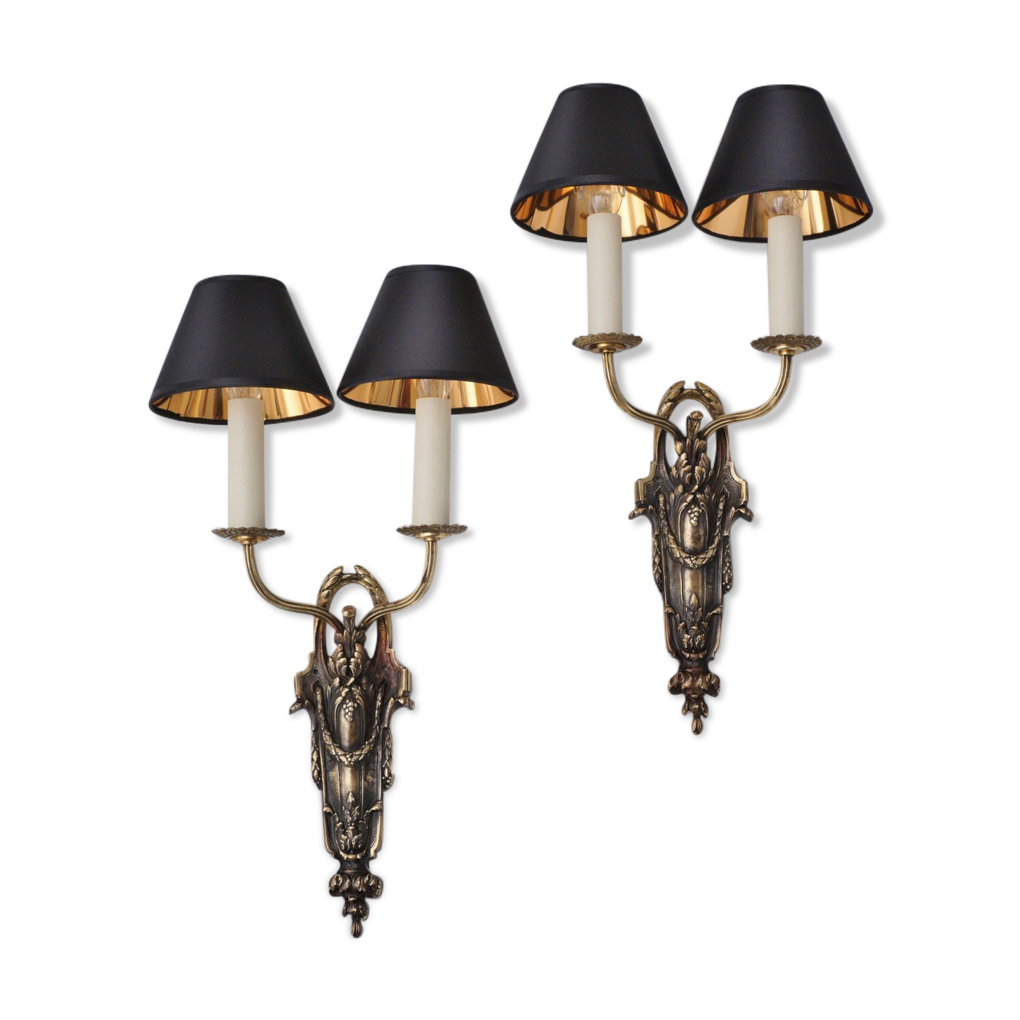 Pair antique sconces wall lights LB Deposé Leboullanger Freres, gilt bronze, 1900 ca, French