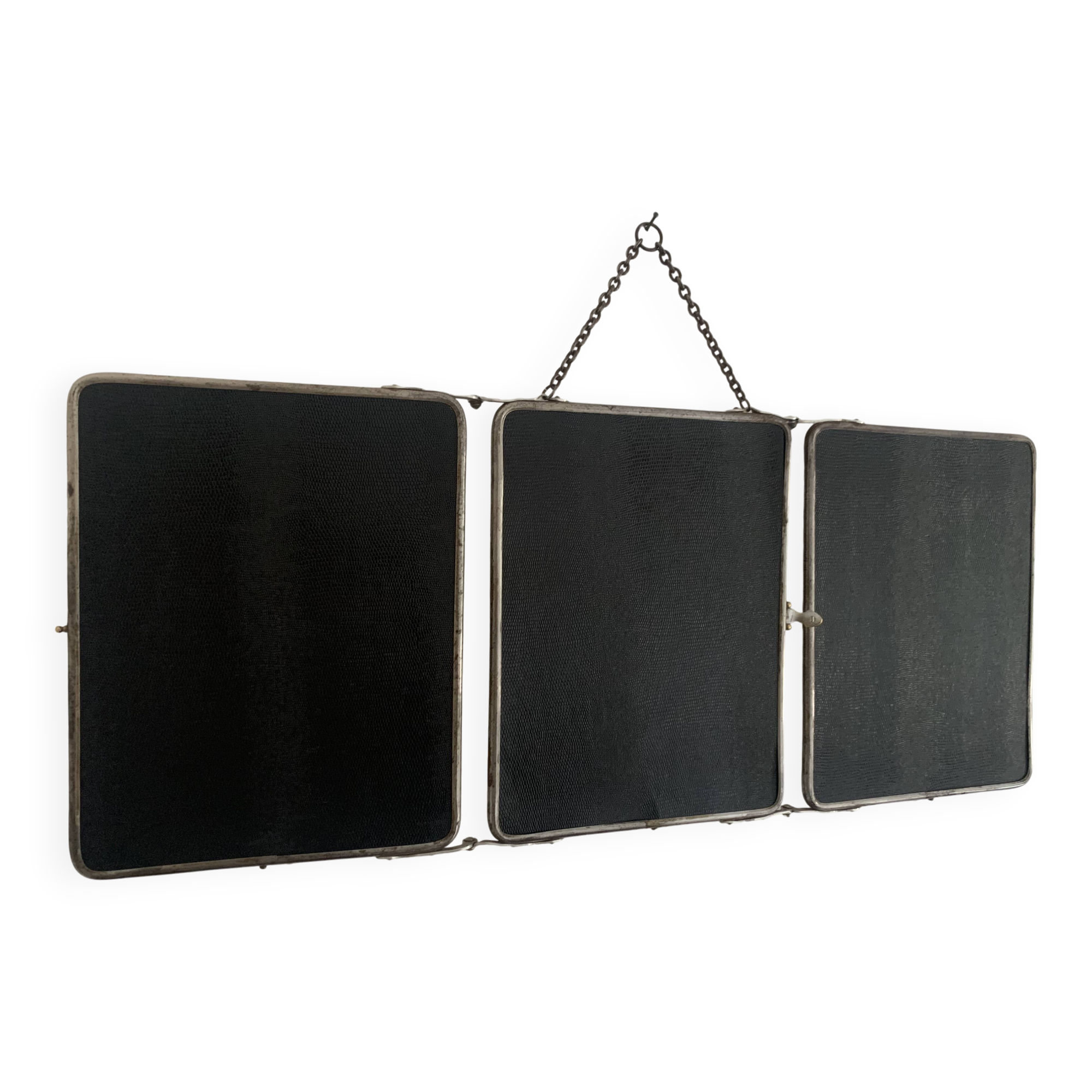 Miroir vintage 1950 triptyque barbier simili lézard noir coiffeur - 27 x 67