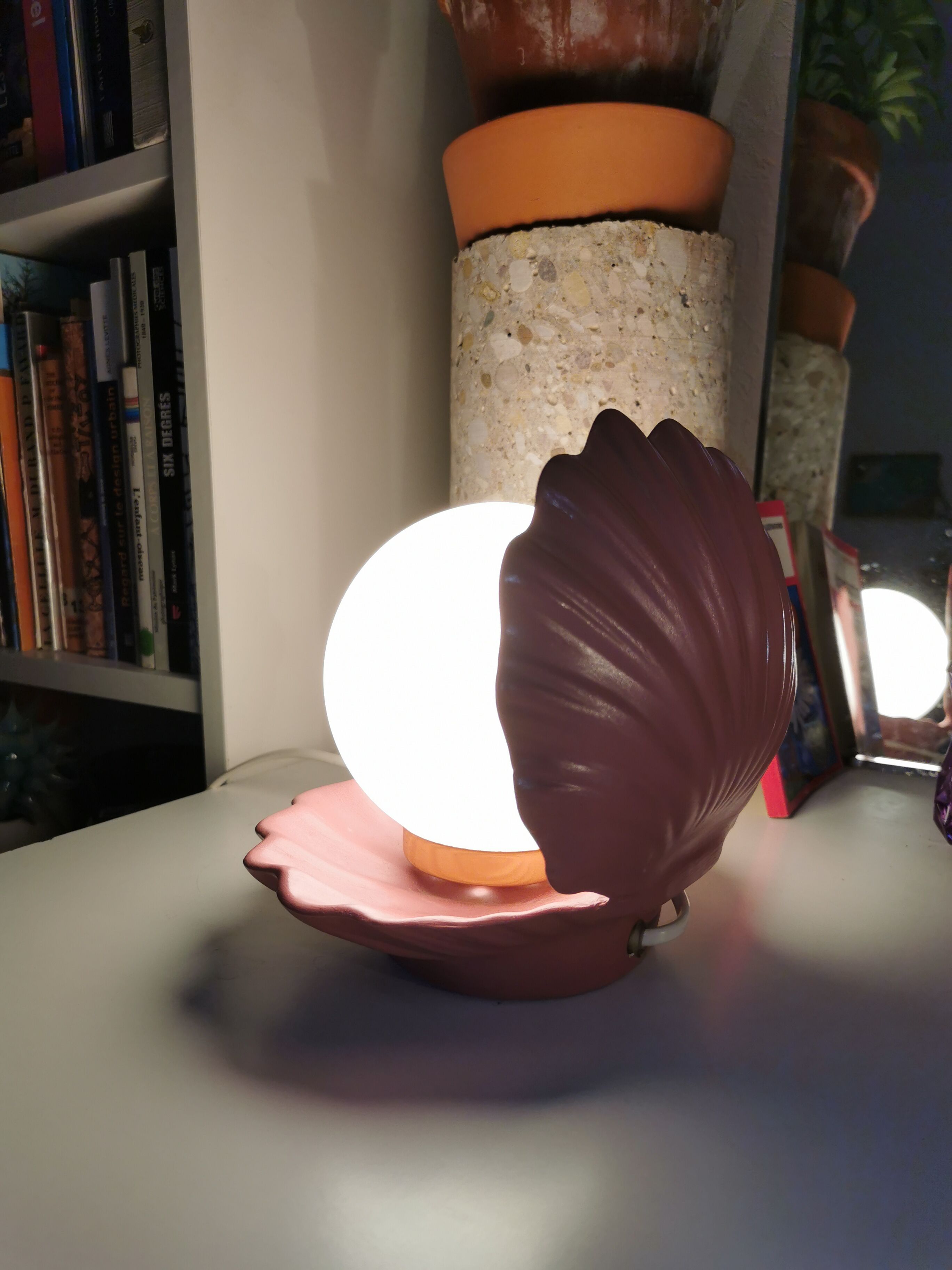 Ceramic shell lamp and opaline bead, saint-jacques, france, 1980