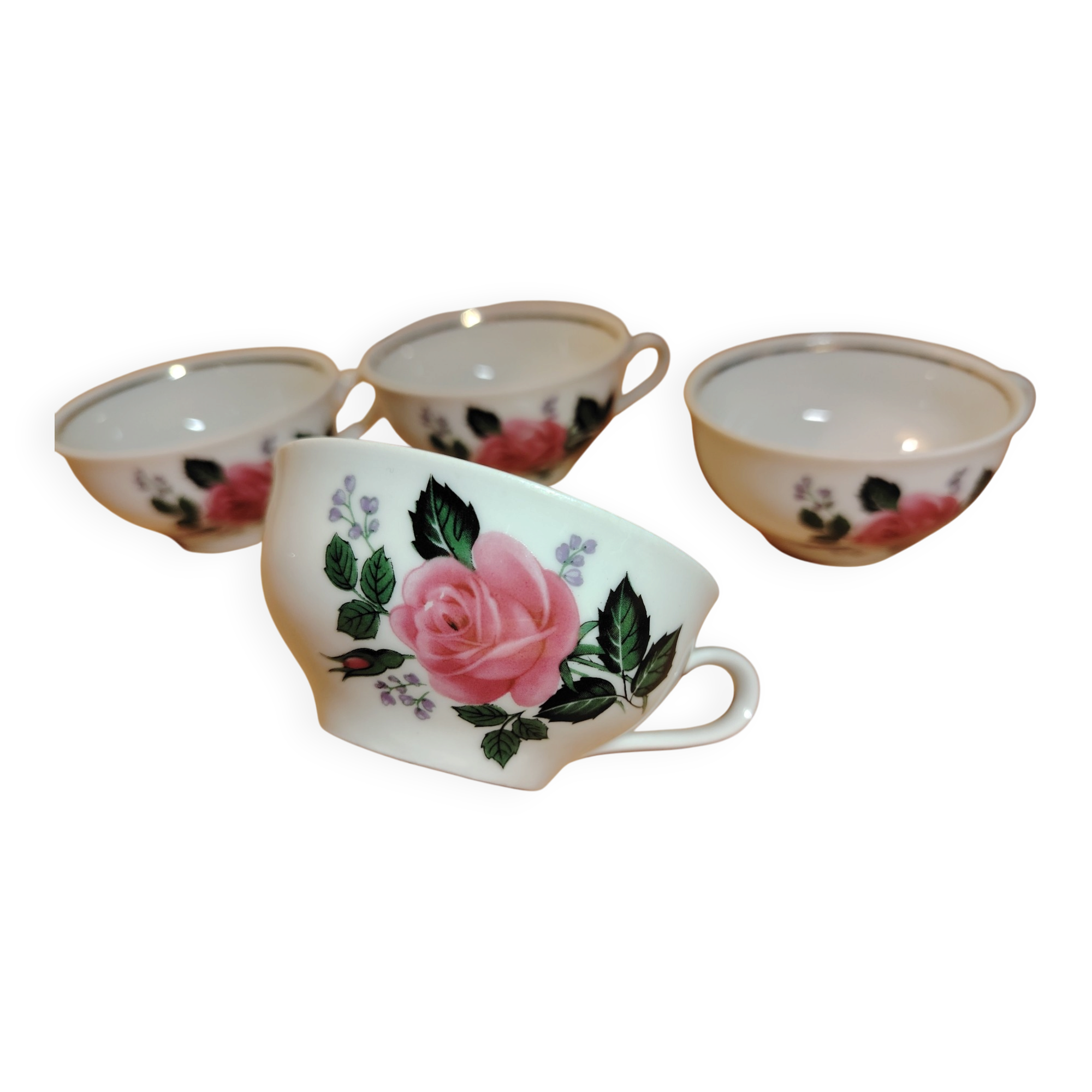 Set of 4 antique porcelain cups with rose pattern CNP France
