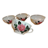 Set of 4 antique porcelain cups with rose pattern CNP France