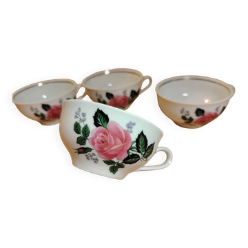 Set of 4 antique porcelain cups with rose pattern CNP France