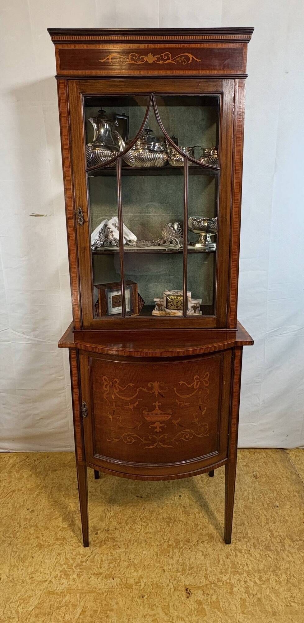 Stunning Antique Edwardian Inlaid Mahogany Bow-Front Silver Display Cabinet