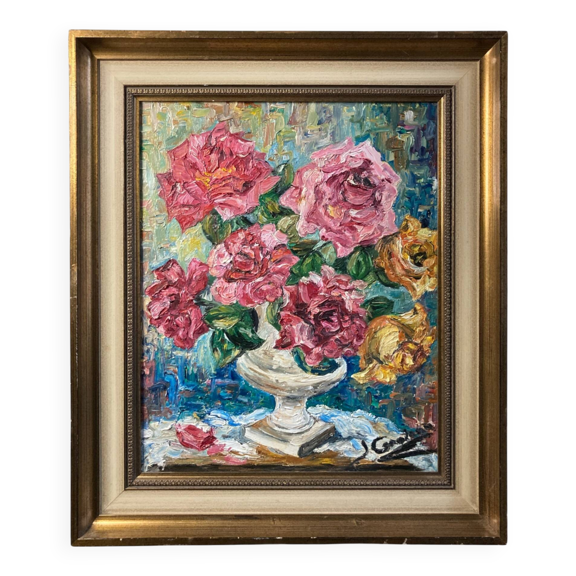 Oil on canvas still life with roses signed 20th century.