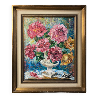 Oil on canvas still life with roses signed 20th century.