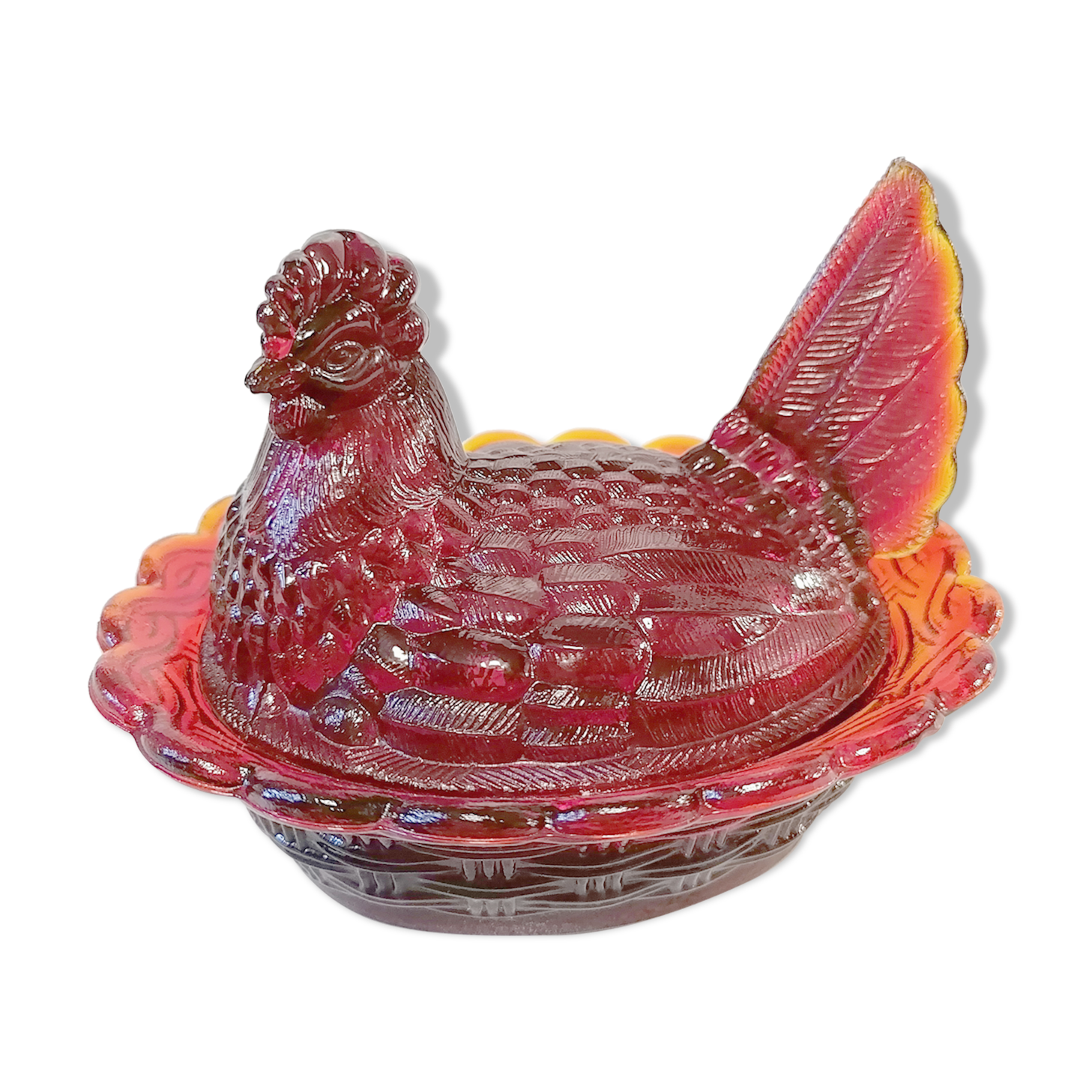 Poule en verre orangé sucrier