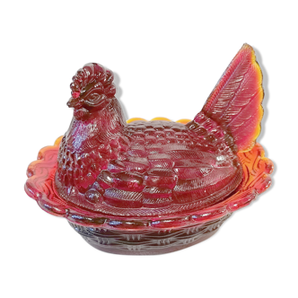 Poule en verre orangé sucrier