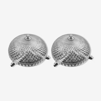 Pair of chrome metal and diamond-tipped glass ceiling lights, 1940s