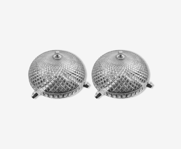 Paire de plafonniers métal chromé et verre pointes diamant, années 40