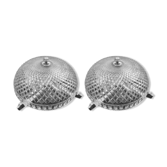 Pair of chrome metal and diamond-tipped glass ceiling lights, 1940s