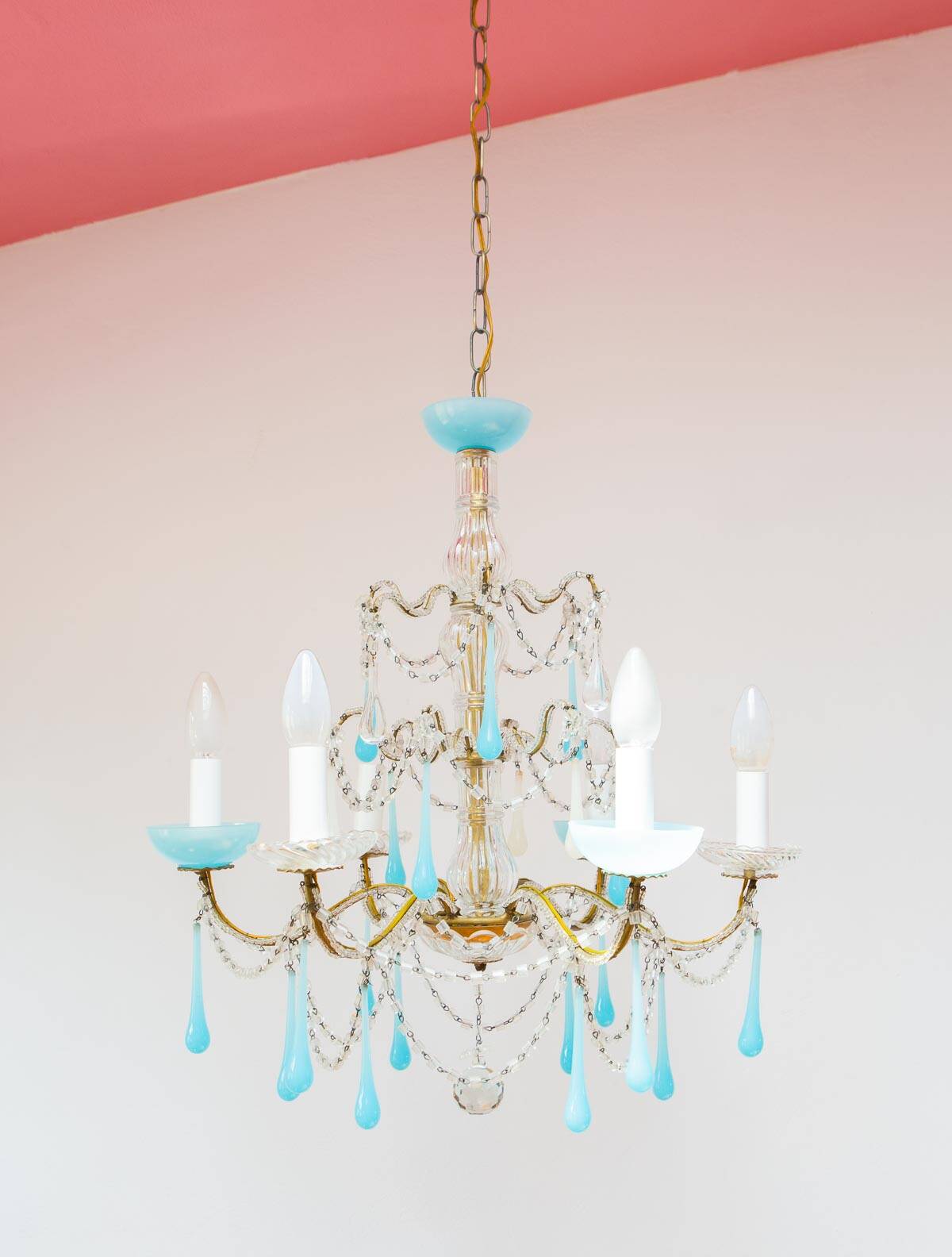 Italian chandelier with 6 arms in blue opaline glass (55 cm)