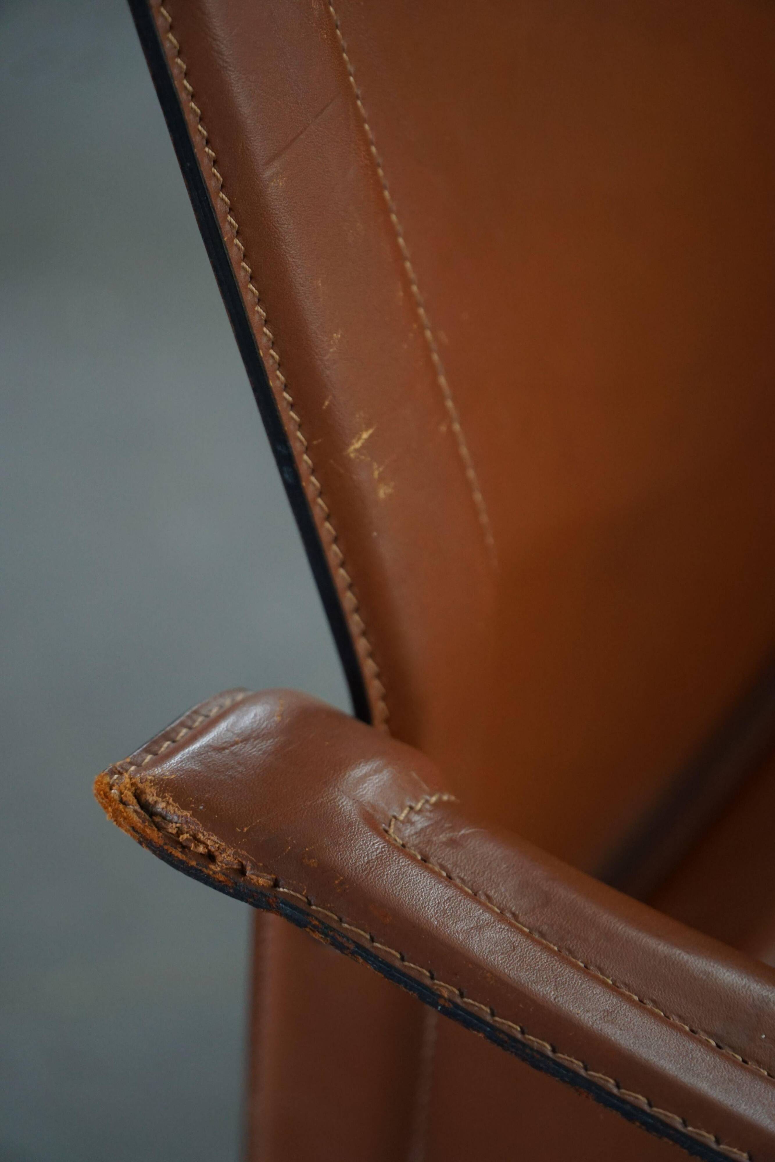 Ensemble de 4 fauteuils en cuir marron/rouge, Tito Agnoli, moderne italien, années 1970