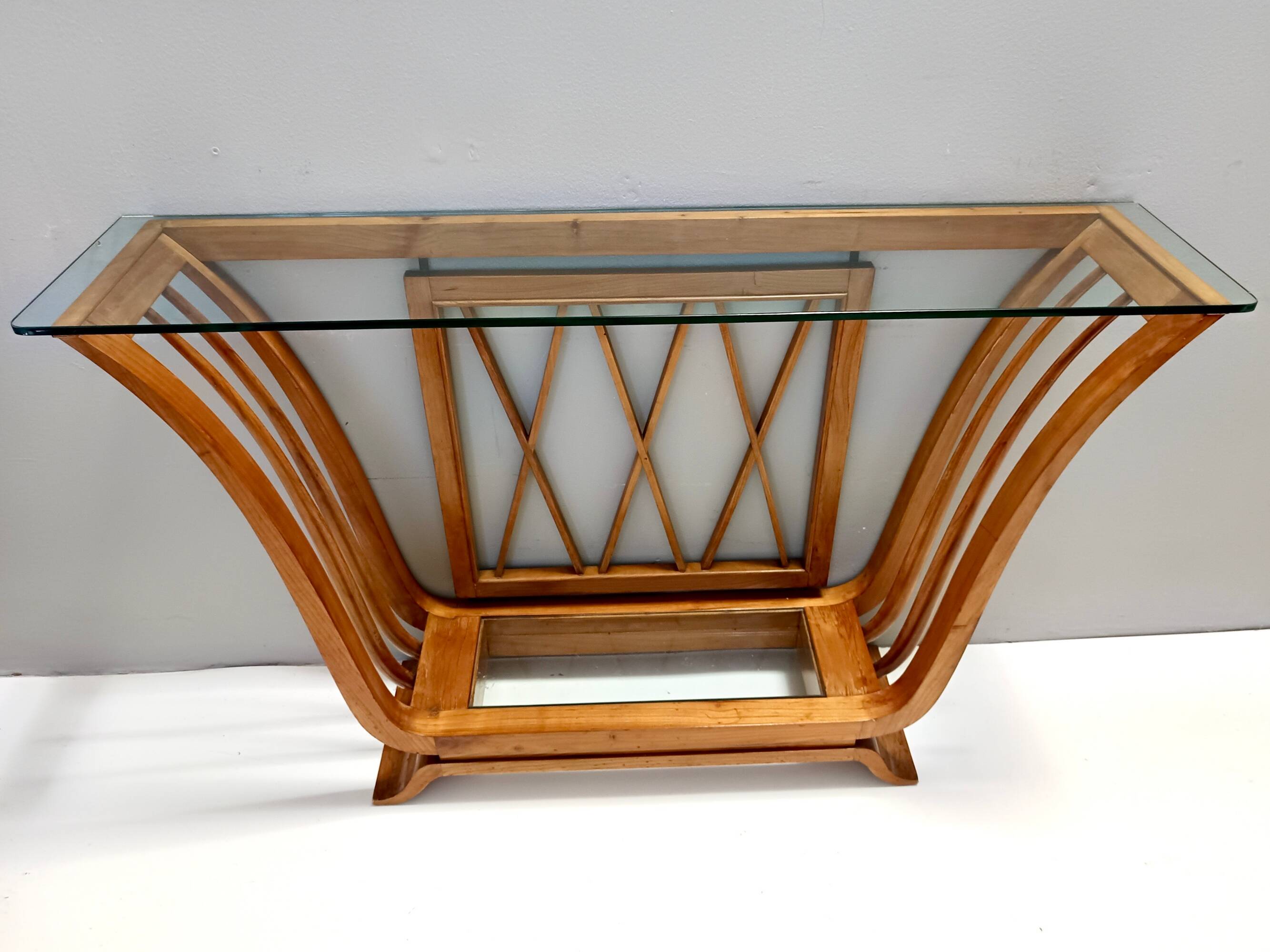 Art Deco Cherrywood Console Table with a Rectangular Glass Top, Italy
