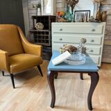 Table basse art déco bois brut et bleu zingueur