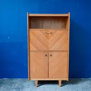 Vintage secretary bookcase from the 50s and 60s, oak with chevron marquetry.