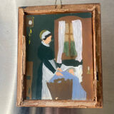 Peinture ancienne sur verre cadre en bois noir avec dorure 16,5 cm x 13,5 cm
