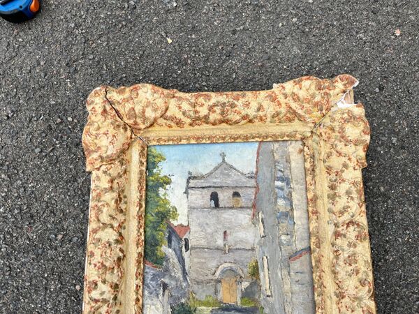Tableau huile église village signé Remy-Gry - Cadre doré ancien