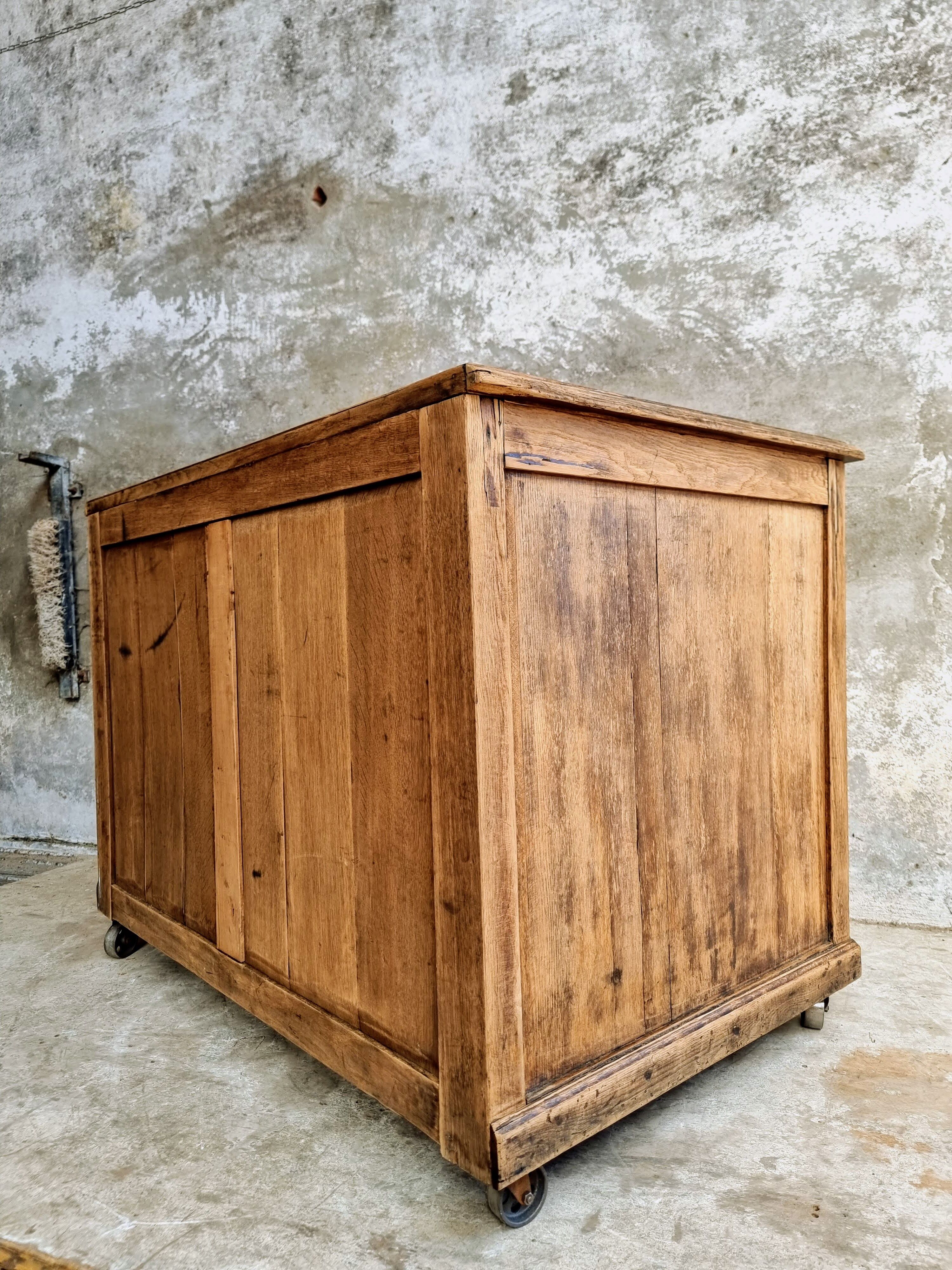 Old cabinet, workbench, kitchen island counter on casters