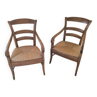 Paire de fauteuils rustiques bois et paille