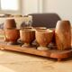 6 vintage wooden egg cups and salt and pepper shakers - Mid-century