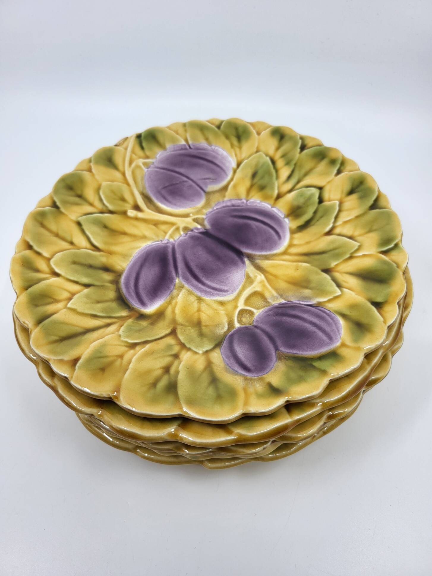 Sarreguemines dessert plates in barbotine with fruit decoration French Vintage