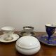 Set of 3 cups, their saucers and a sweet jar.