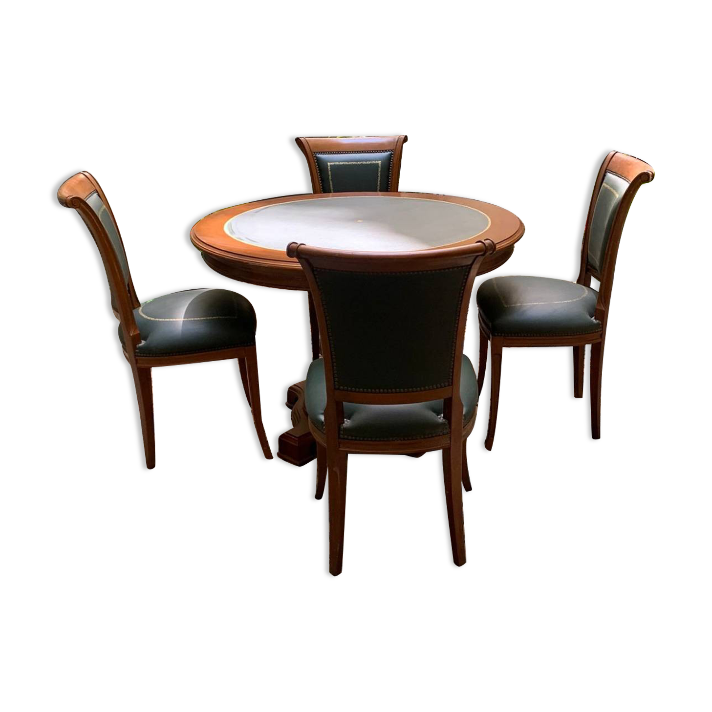 Round table type directoire green leather and its 4 chairs
