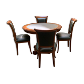 Table ronde type directoire cuir vert  et ses 4 chaises