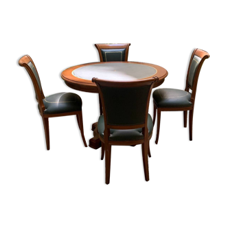 Round table type directoire green leather and its 4 chairs