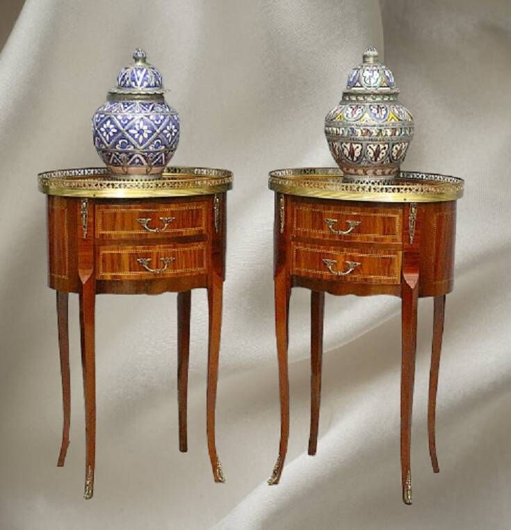 Pair of Bedside Tables / Salon in Marquetry Transition Style Louis XV/Louis XVI