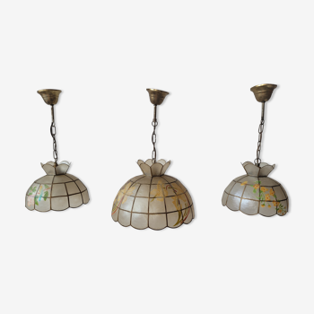 Set of 3 chandeliers in mother-of-pearl and brass