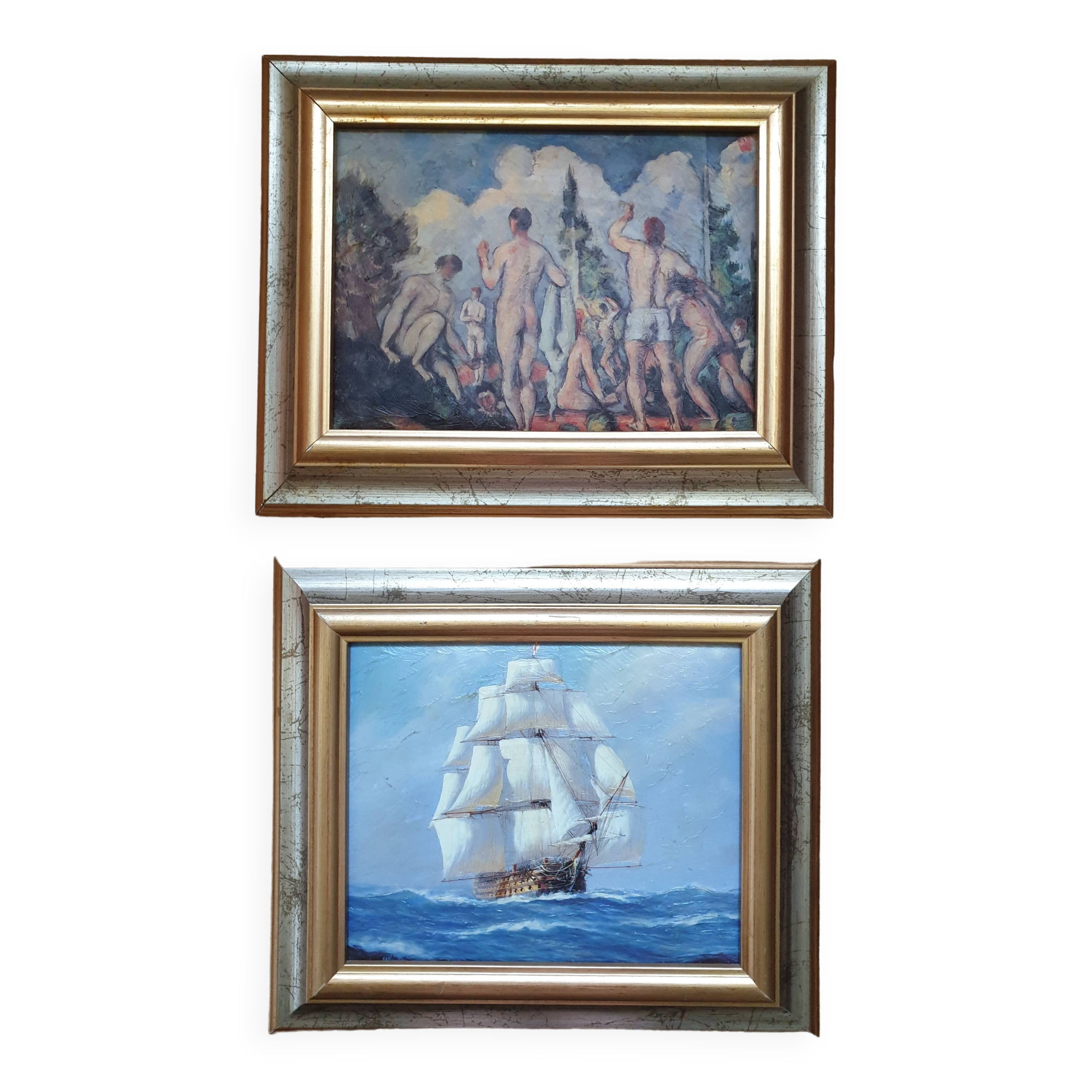 Set of two paintings with identical gold and silver frames