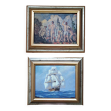 Set of two paintings with identical gold and silver frames