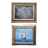 Lot de deux tableaux avec cadres dorés et argentés identiques