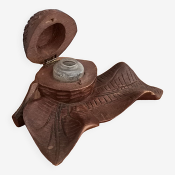 Carved wooden inkwell black drill with antique walnuts