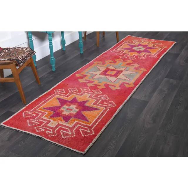 Vintage Turkish Hand-Knotted Wool Cotton Red Runner Rug 88x299