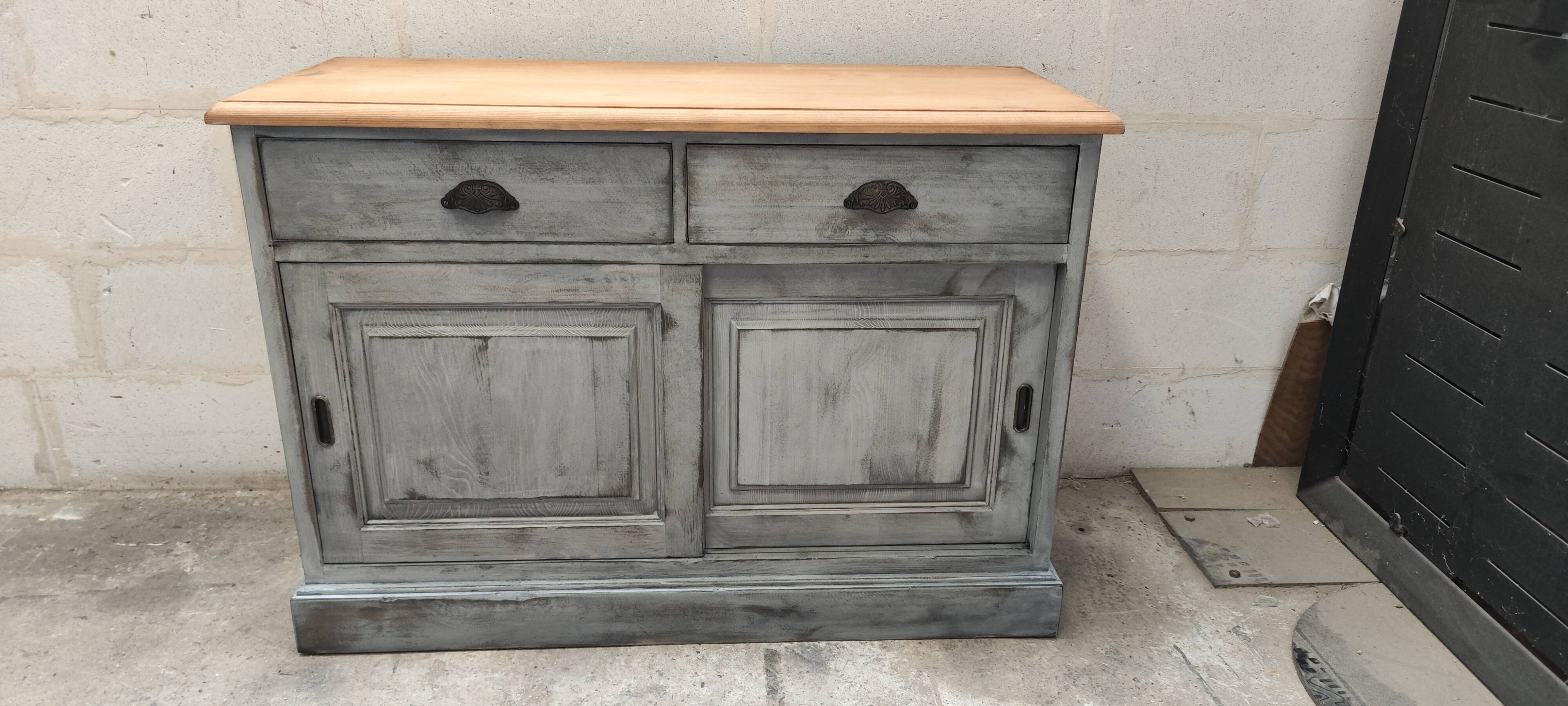 Gray patina furniture with two sliding doors and two drawers