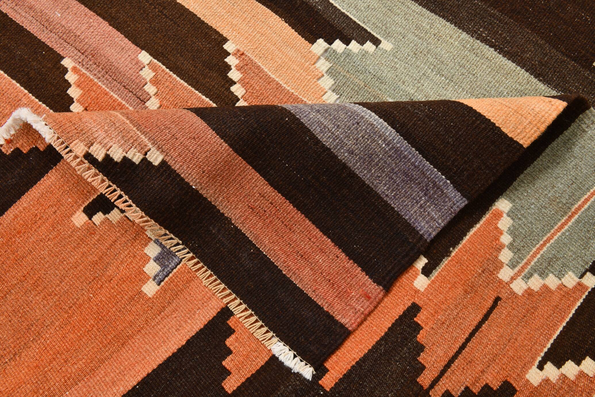 3x10 Orange  Brown Geometric Kilim Runner Rug, Handmade Wool Rug, 108x297Cm