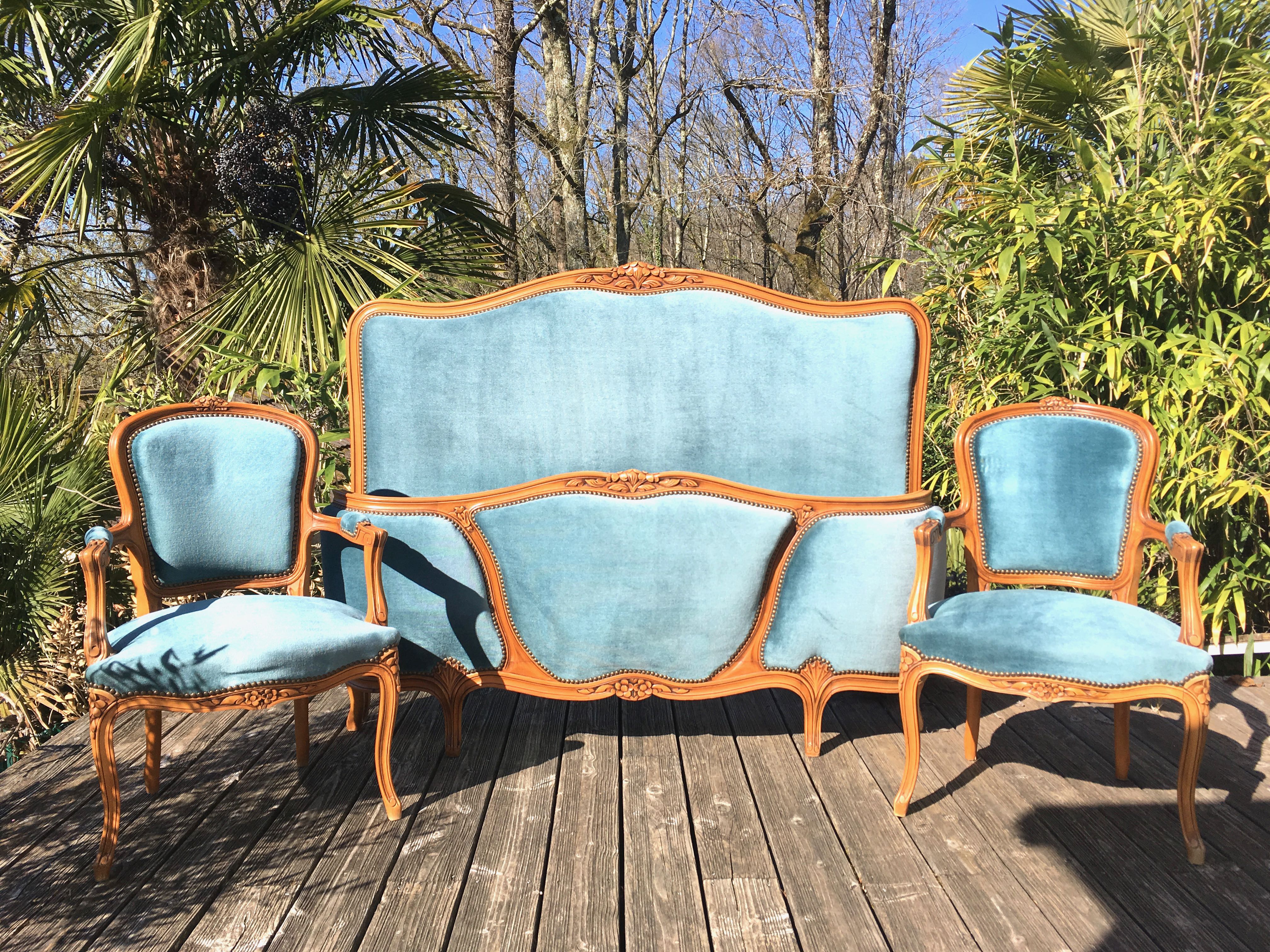 Louis XV-style basket bed and 2 convertible armchairs