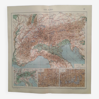 Geographical map year 1925 from atlas quillet map: the alps the upper rhine the valais