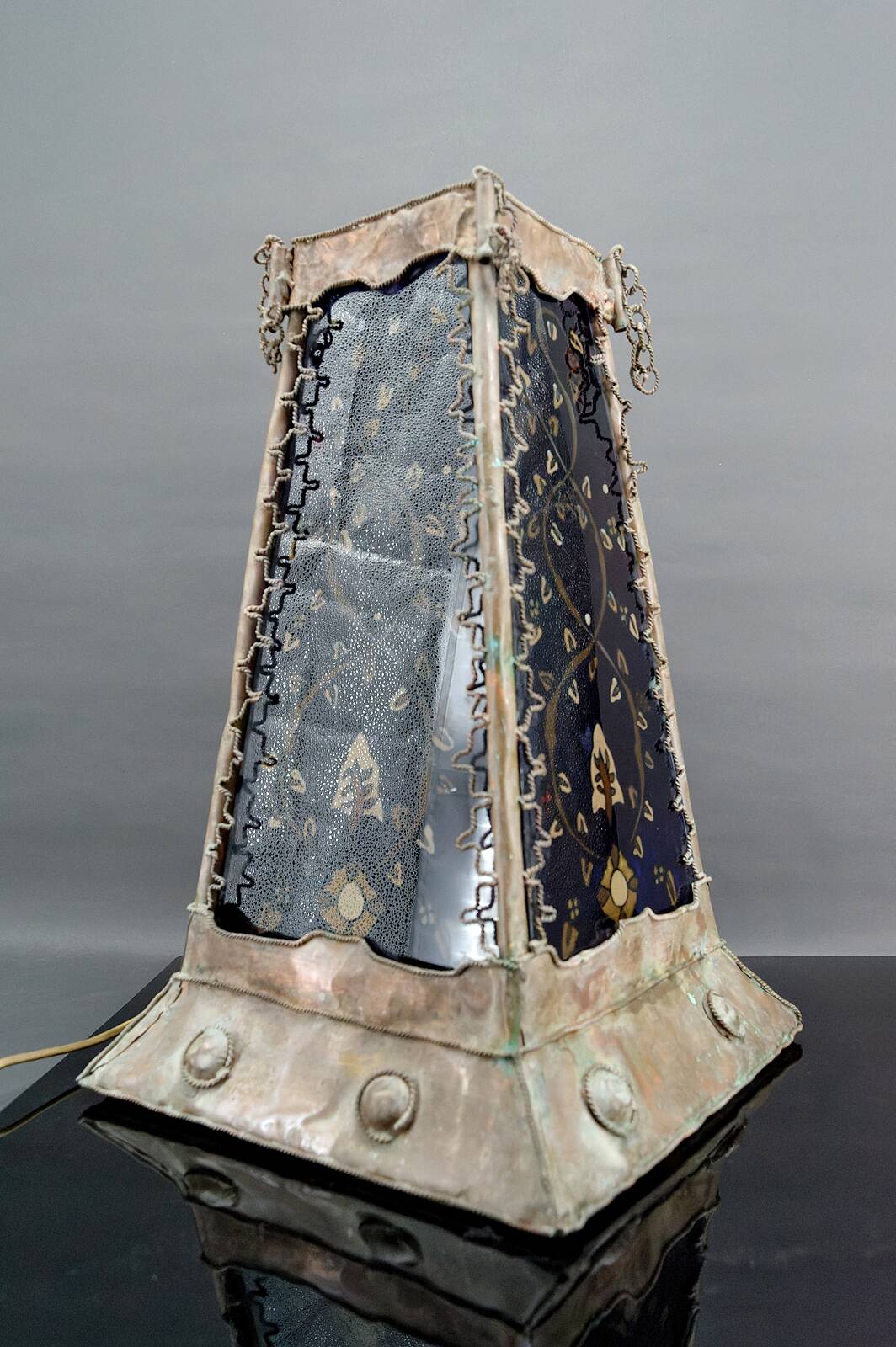 Moorish style lamp in patinated copper and painted glass, France, Mid-Century