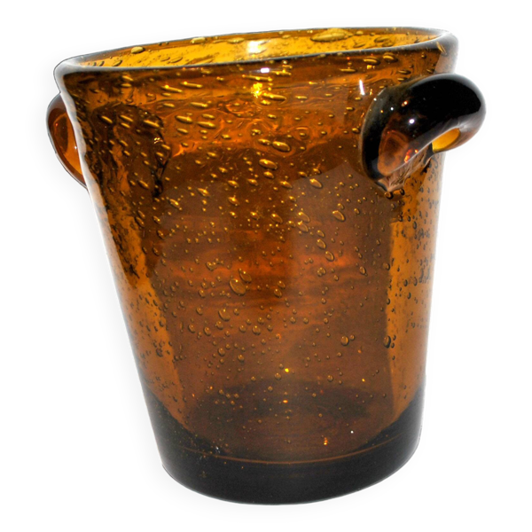 Vase seau biot en verre ambré fumé vintage 1960