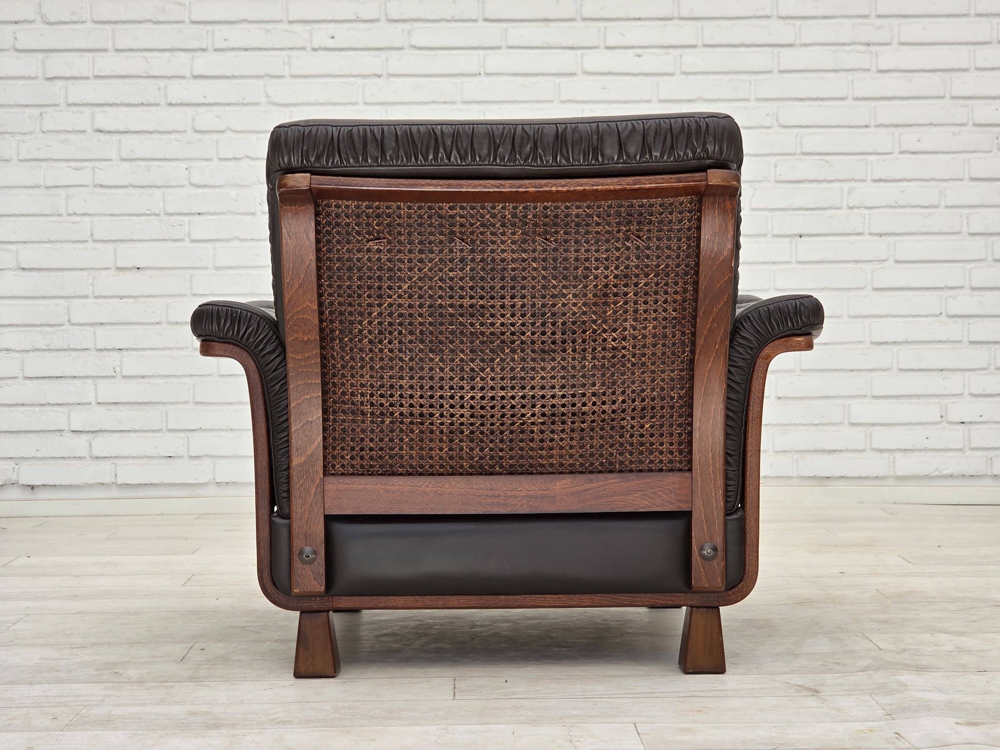 1970s, Scandinavian armchair, brown furniture leather, teak wood legs.